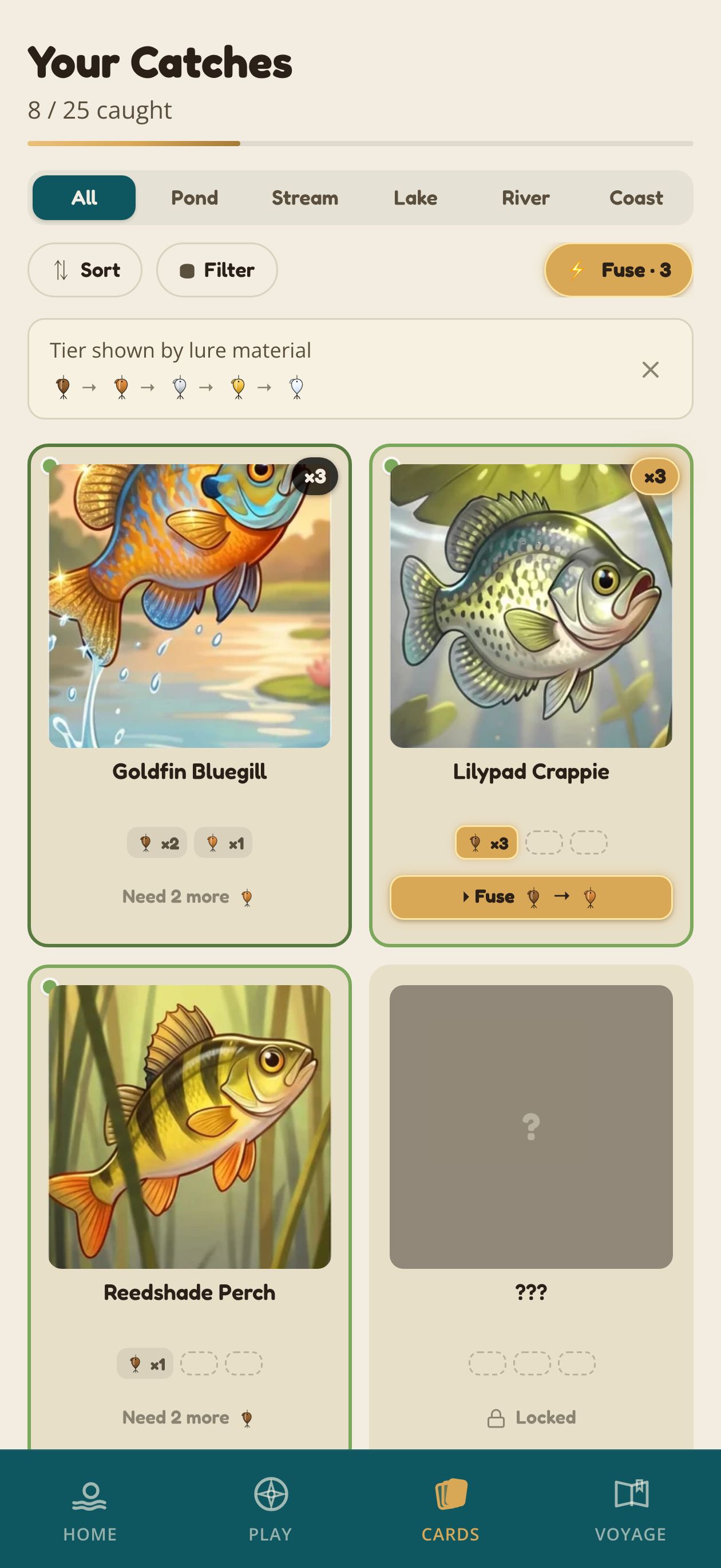 Cards — 2-column album with lure-tier glyphs